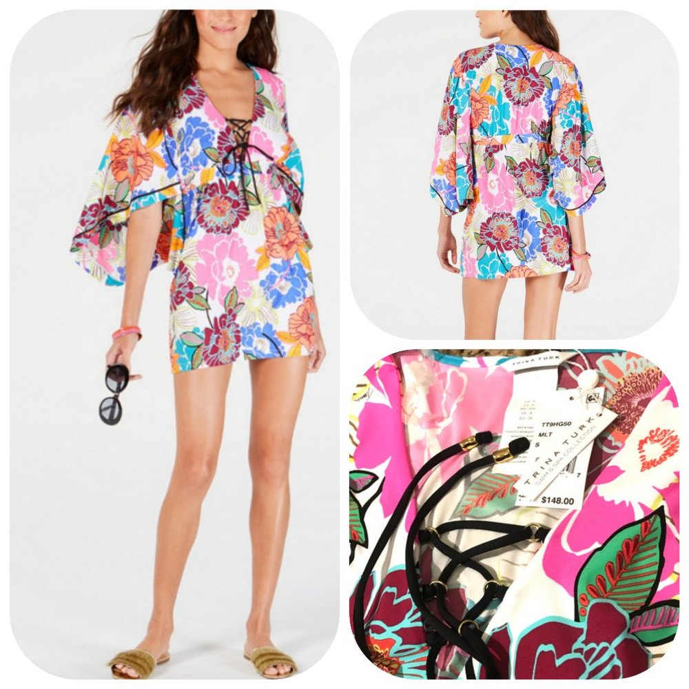 New Trina Turk  lace-up Tunic Cover-Up